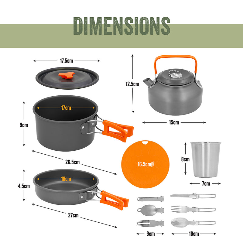 Batterie de cuisine de camping en aluminium avec théière et poêle Batterie de cuisine de camping en aluminium avec théière et poêle